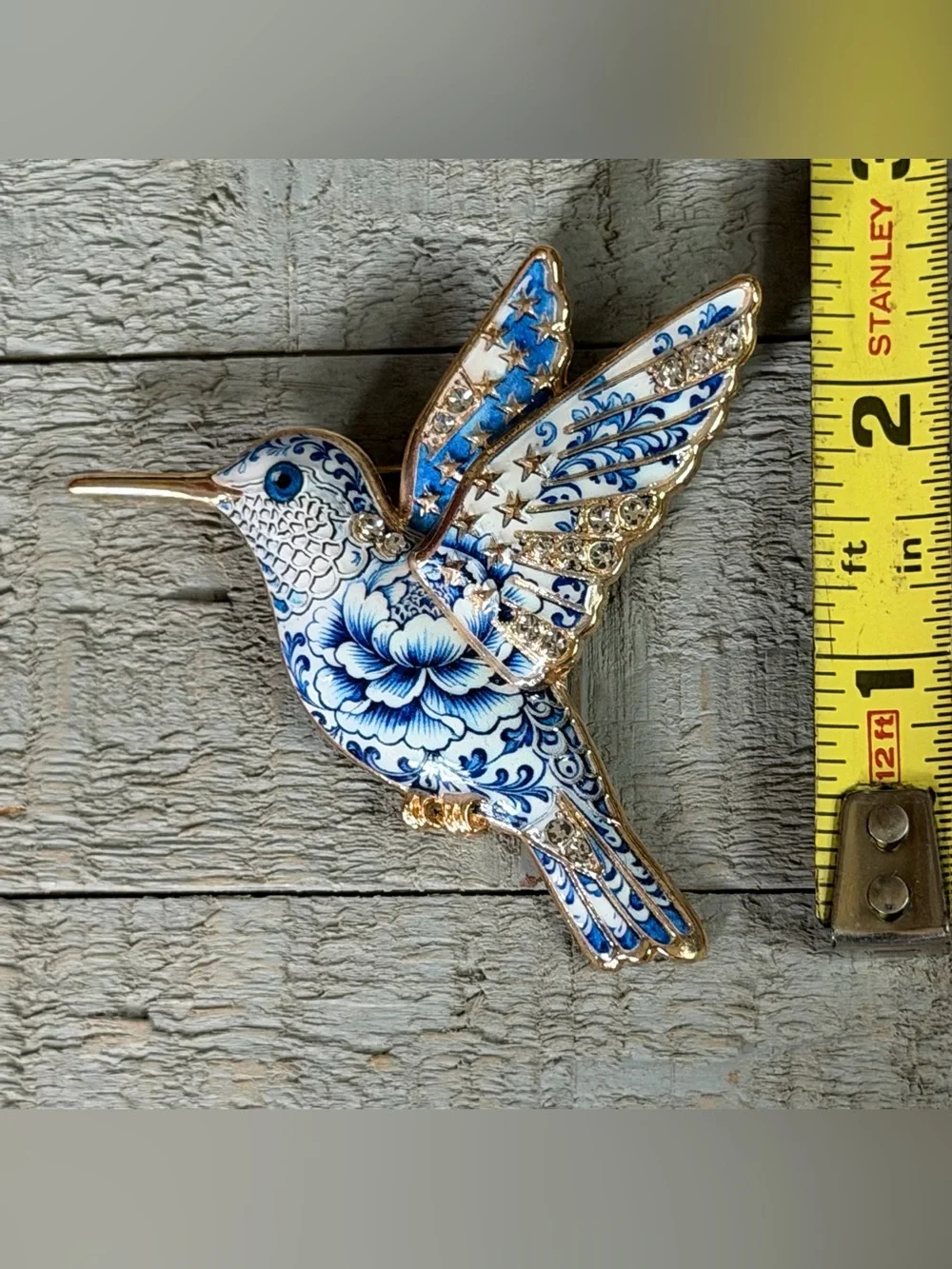 Hummingbird Brooch, Blue & White Ceramic